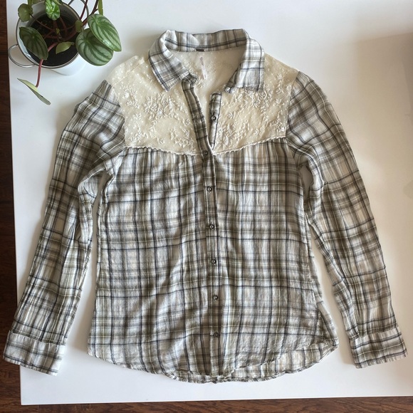 Free People Saddle Up Plaid Lace Yoke Shirt - Picture 8 of 16